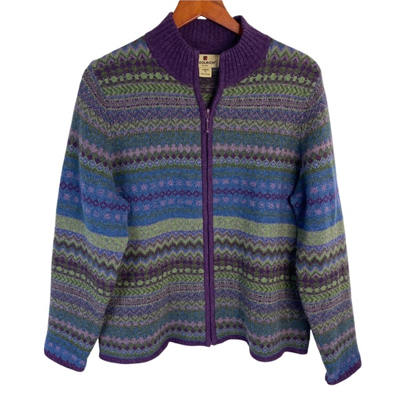 Woolrich Sweaters - Woolrich Wool Zip Up Sweater Cardigan Womens XL Nordic Fair Isle Green Purple